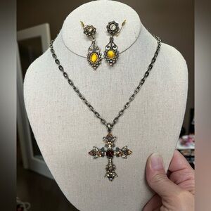 Elegant Burnished Gold Tone Cross Necklace
and Earrings Jewelry Set